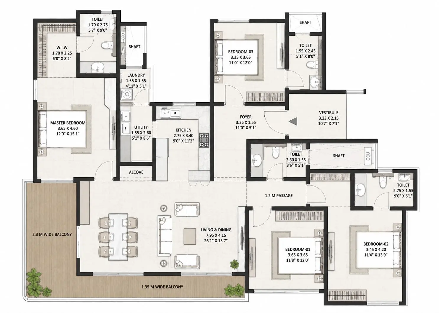 2 BHK - 2T apartment floor plan